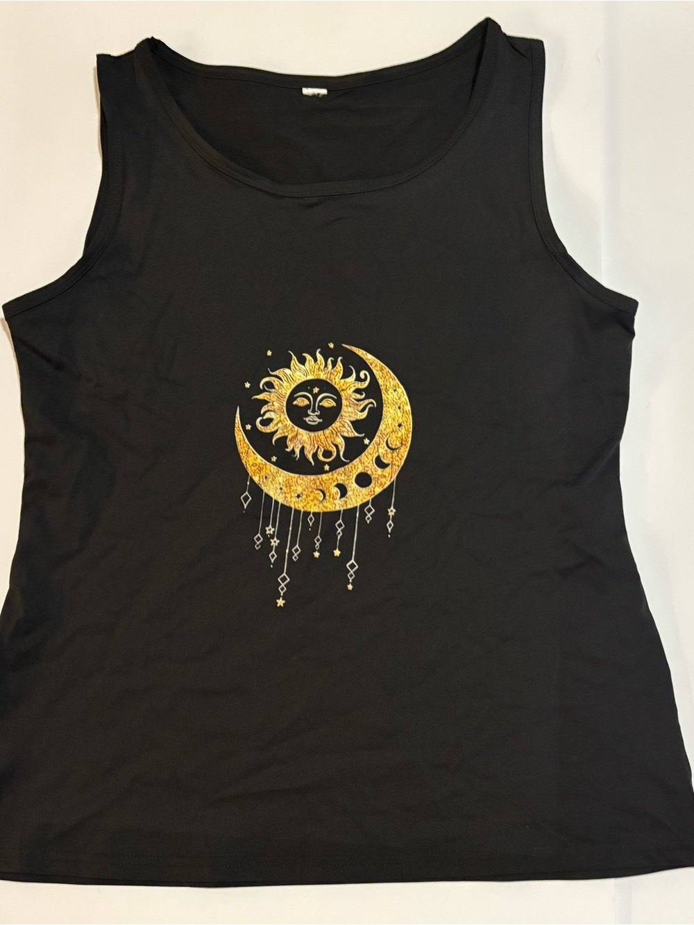 SHEIN Black Tank with Gold Celestial Moon & Sun Design